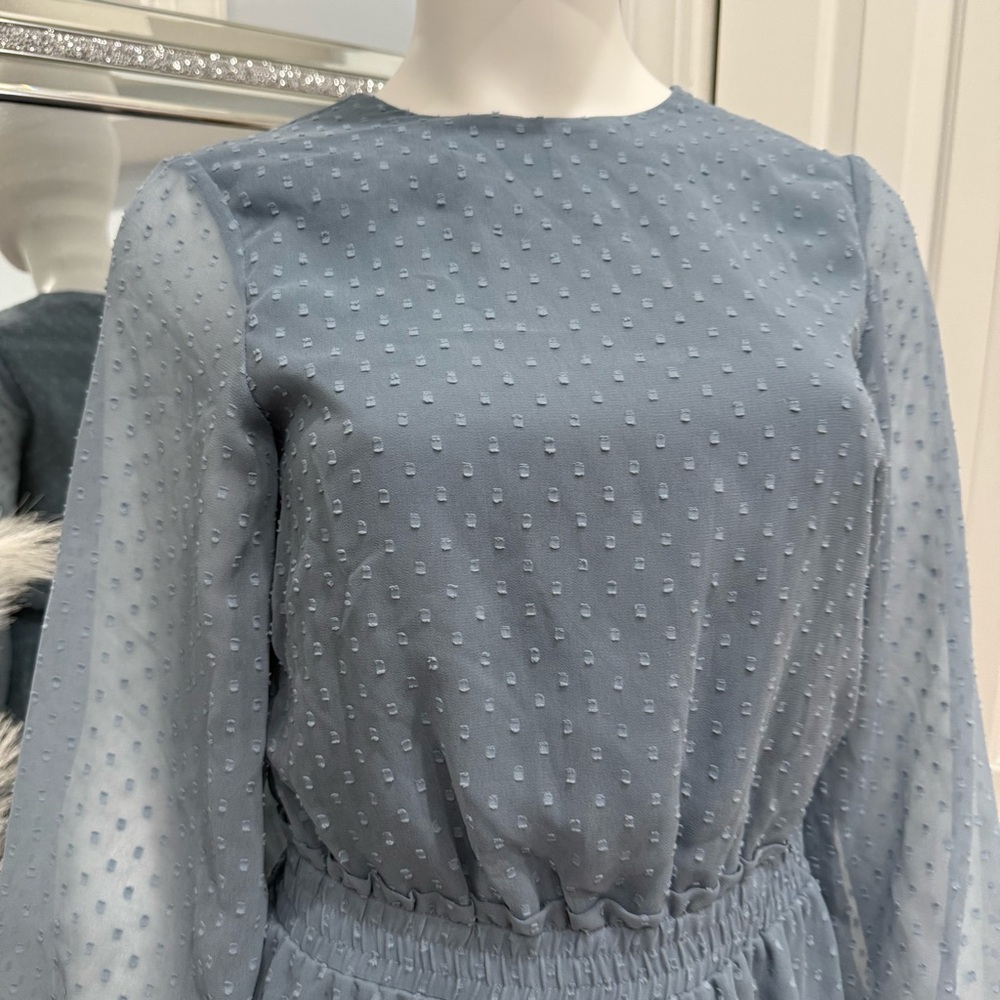 Express Blue Long Sleeve Ruffle Dress - Picture 2 of 3